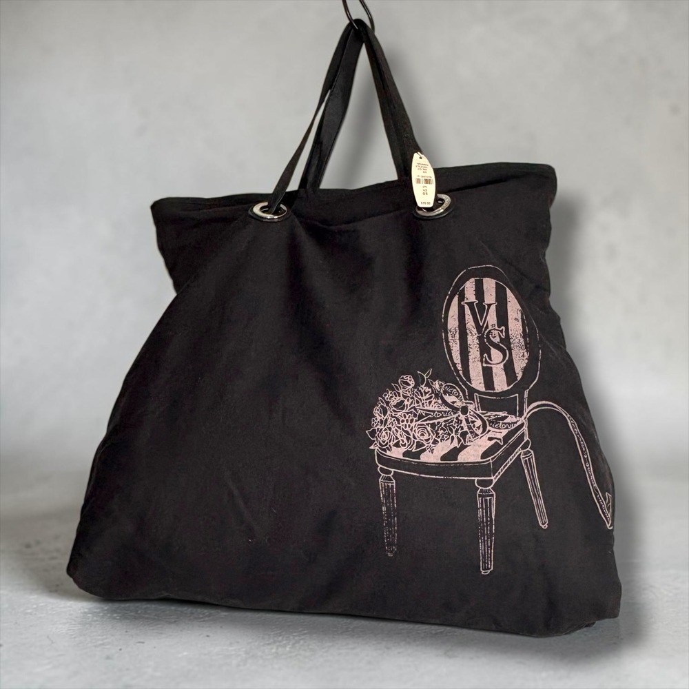 Victoria's Secret Black Canvas Tote Bag Pink Chair Graphic Oversized Shopper NEW